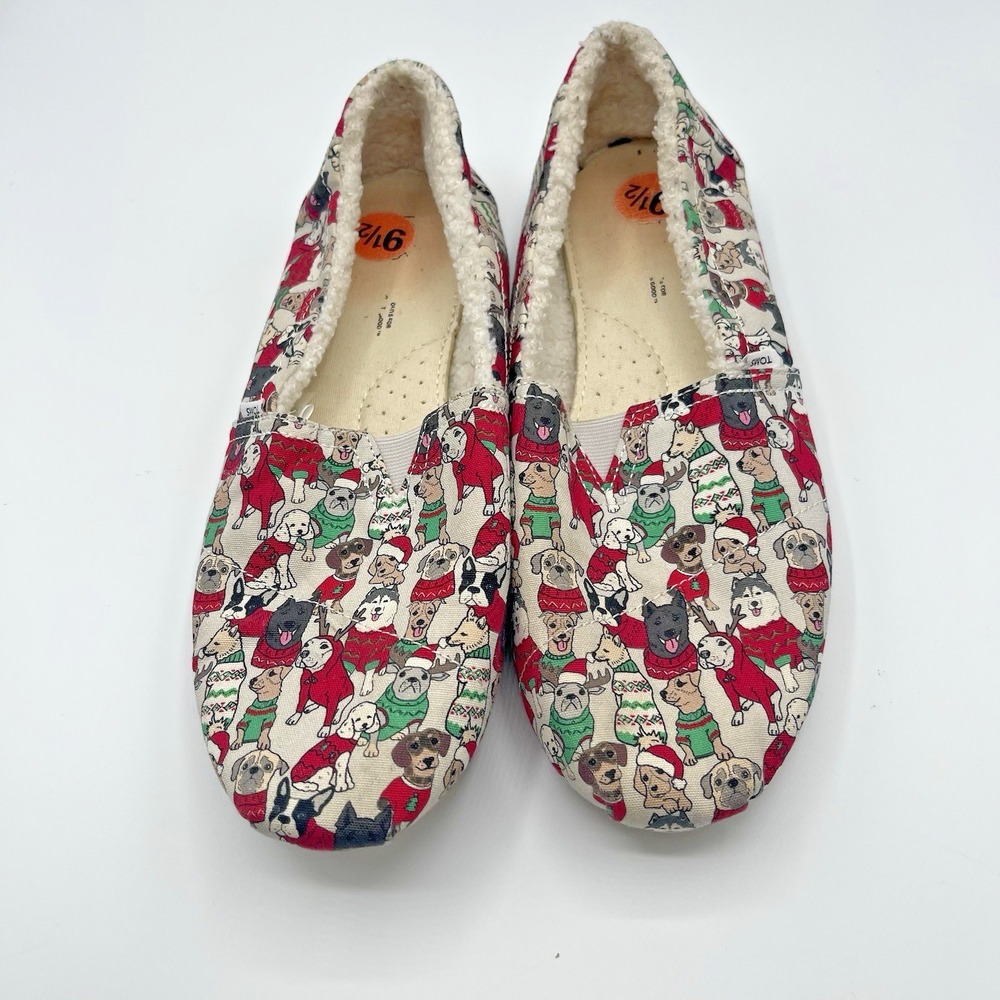 TOMS DOGS IN CHRISTMAS SWEATERS w/ Faux Shearling Womens Size 9.5